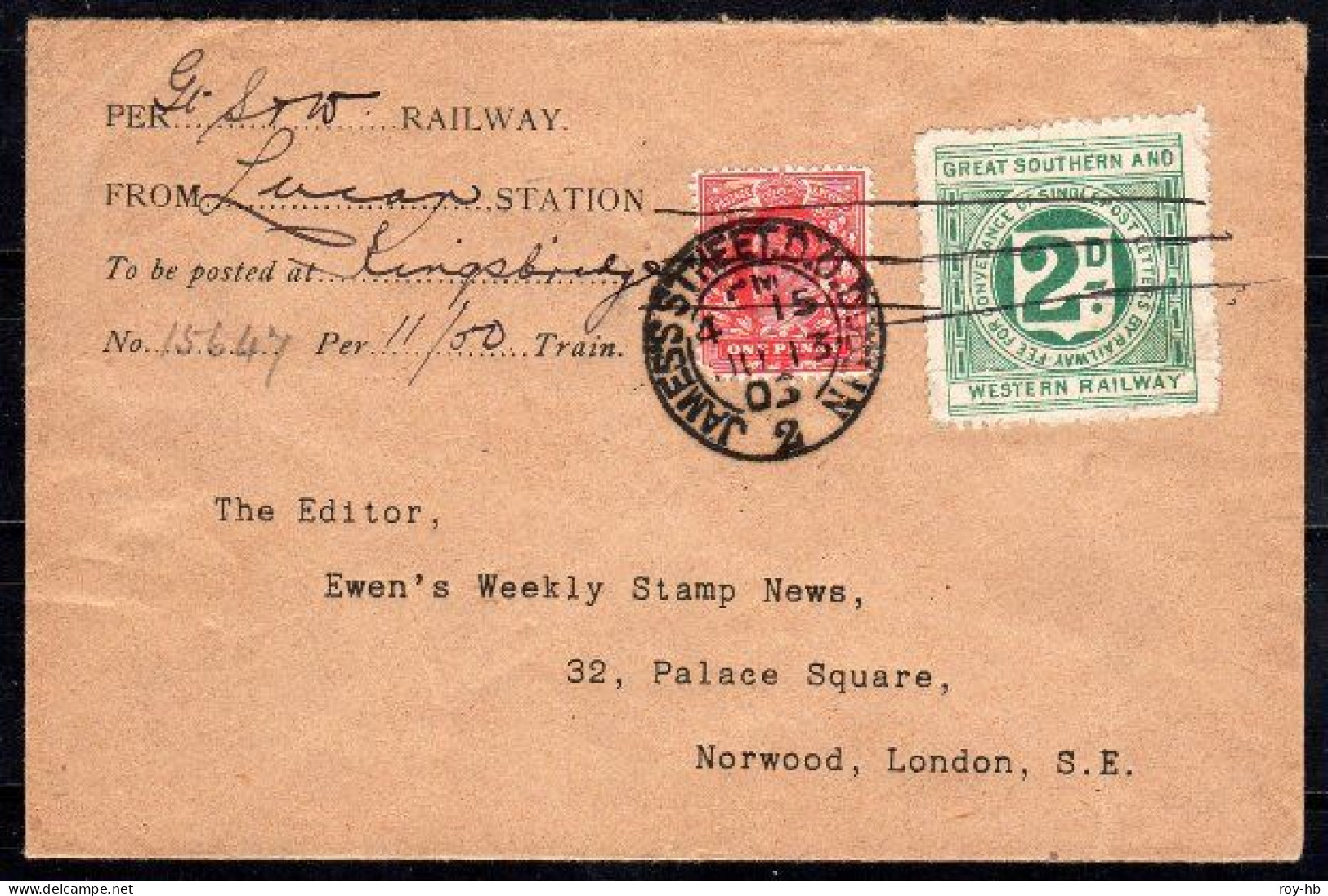 Great Southern & Western 2d Bluish Green Die I, Perf. 11, Used On 1905 "Ewen's" Printed Cover To London, Read On ..... - Spoorwegen & Postpaketten