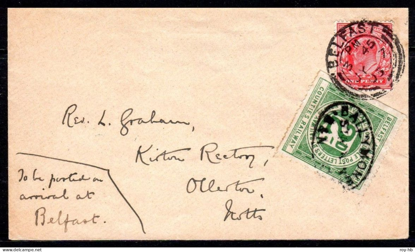 Belfast & Northern 2d Yellow-green Die III On A 1903 "Rev. Graham" Cover, Railway Stamp With Oval Cancel. Read On .... - Spoorwegen & Postpaketten