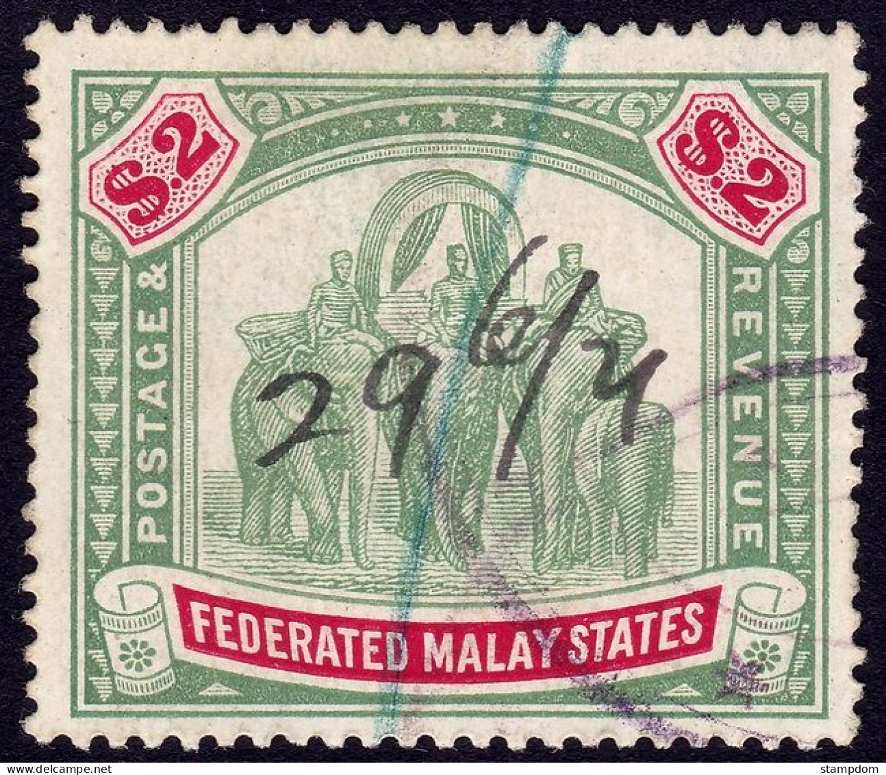 FEDERATED MALAY STATES FMS 1906 $2 Wmk.MCA Sc#35 - Pen Cancel @TE206 - Federated Malay States