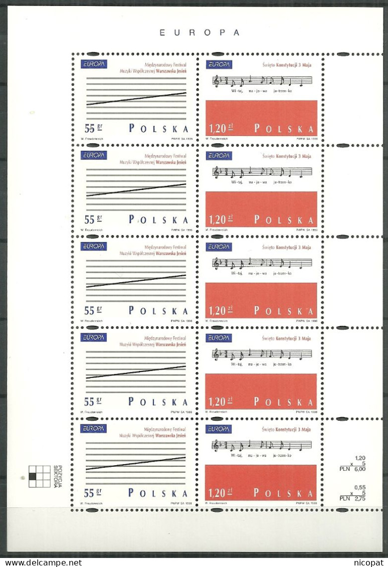 POLAND MNH ** 3497-3498 Feuillet EUROPA FESTIVALS NATIONAUX FESTIVAL MUSIQUE DE VARSOVIE FETE NATIONALE PORTEE MUSICALE - Feuilles Complètes