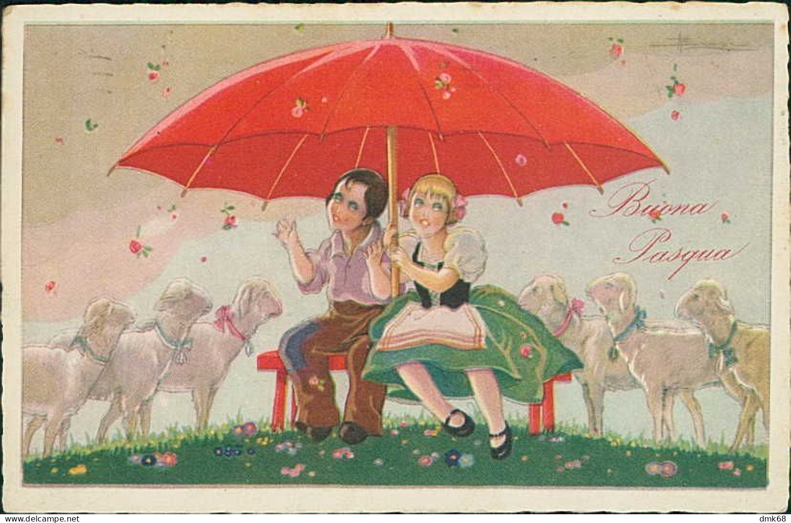 BUSI SIGNED 1920s  POSTCARD - BOY & GIRL UNDER BIG RED UMBRELLA & SHEEPS - EDITION DEGAMI N. 56  (4630) - Busi, Adolfo