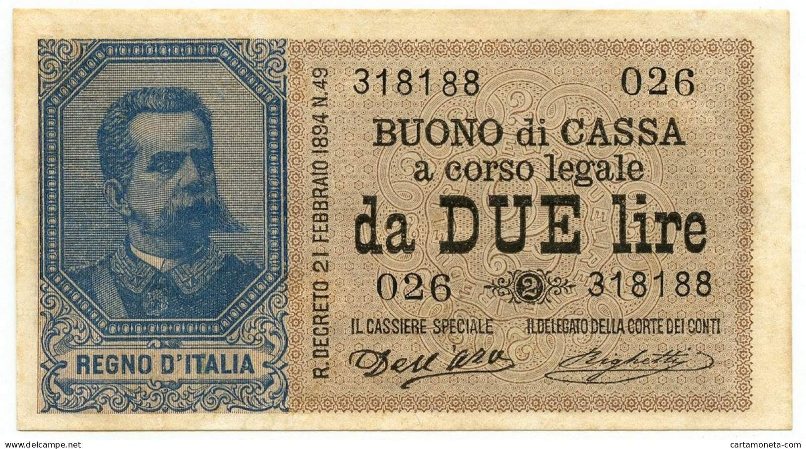 2 LIRE BUONO DI CASSA EFFIGE UMBERTO I 22/02/1894 SPL - Regno D'Italia – Autres