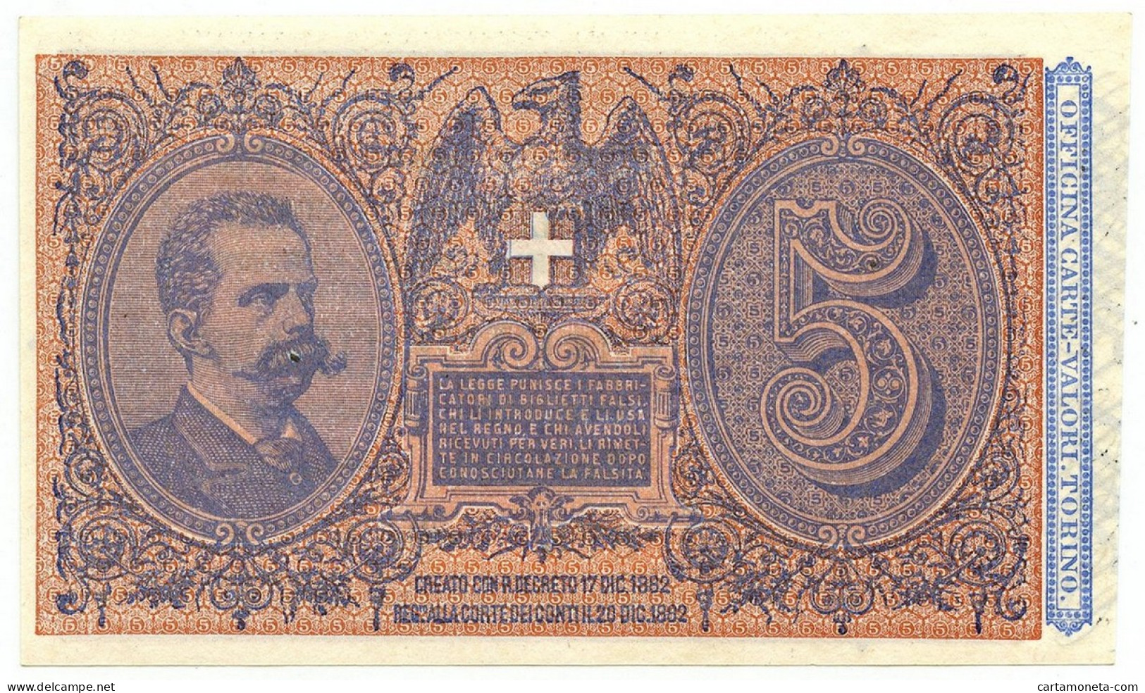 5 LIRE BIGLIETTO DI STATO EFFIGE UMBERTO I 25/10/1892 FDS-/FDS - Sonstige