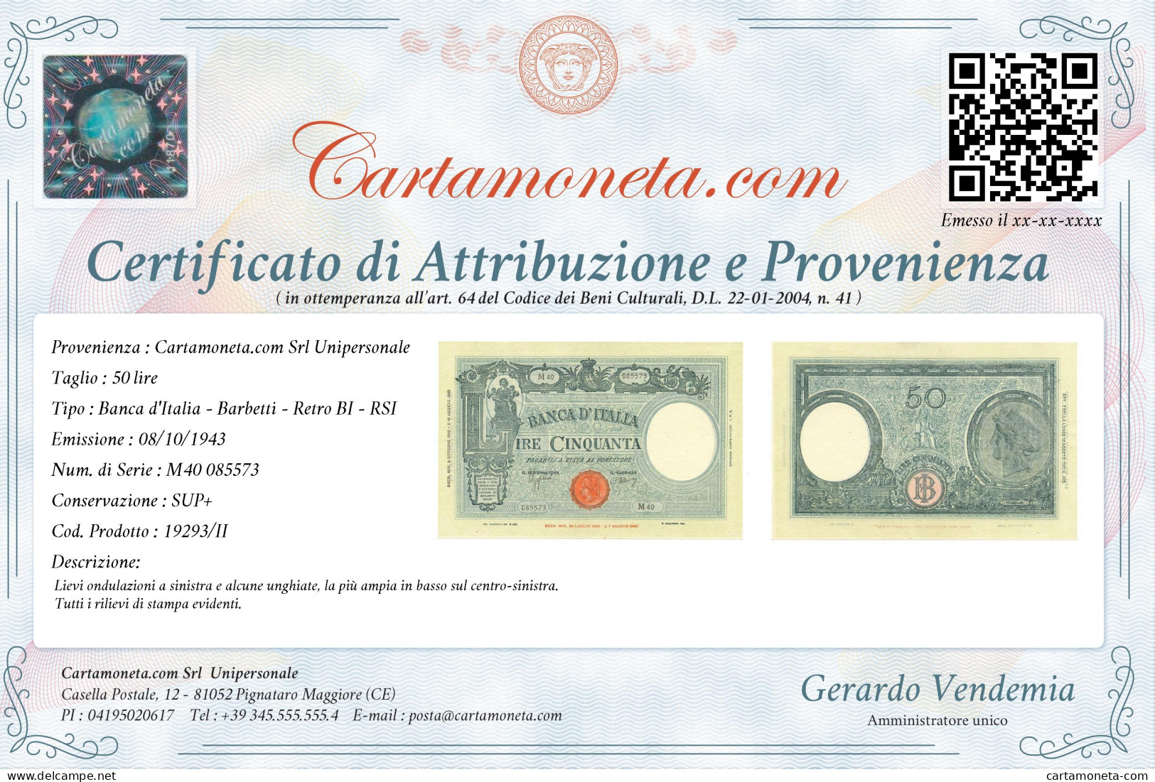 50 LIRE BARBETTI GRANDE L SENZA MATRICE BI RSI 08/10/1943 SUP+ - Sonstige