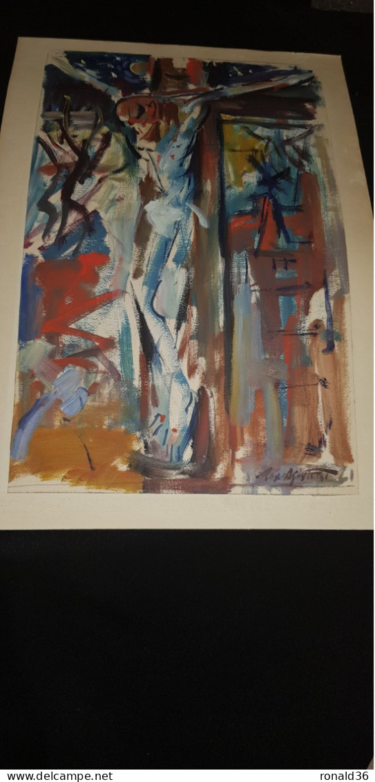 Religion Jésus Christ Sur La Croix Peinture Sur Papier épais Signé Peintre Max Agostini 1914 1997 Chateauroux Gargilesse - Wasserfarben