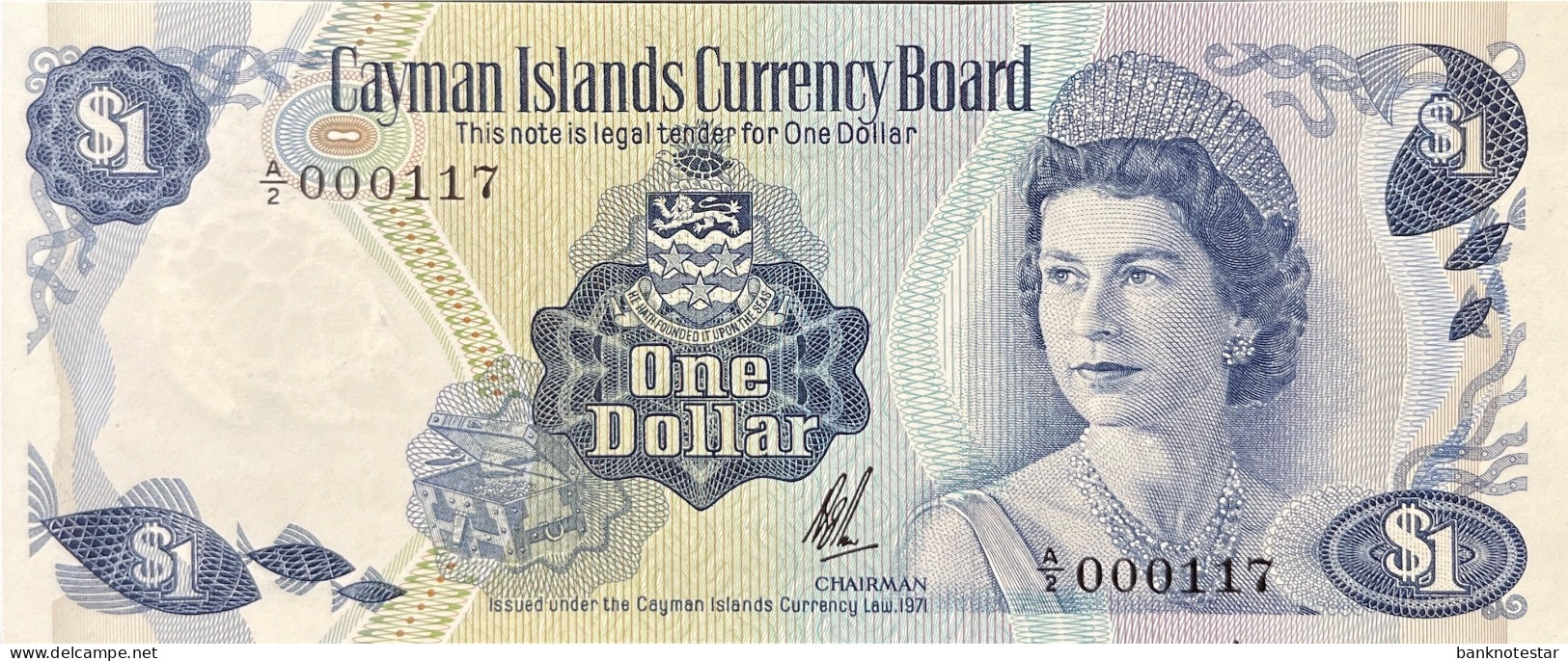 Cayman Islands 1 Dollar, P-1b (1972) - UNC - 000117 Serial Number - Iles Cayman