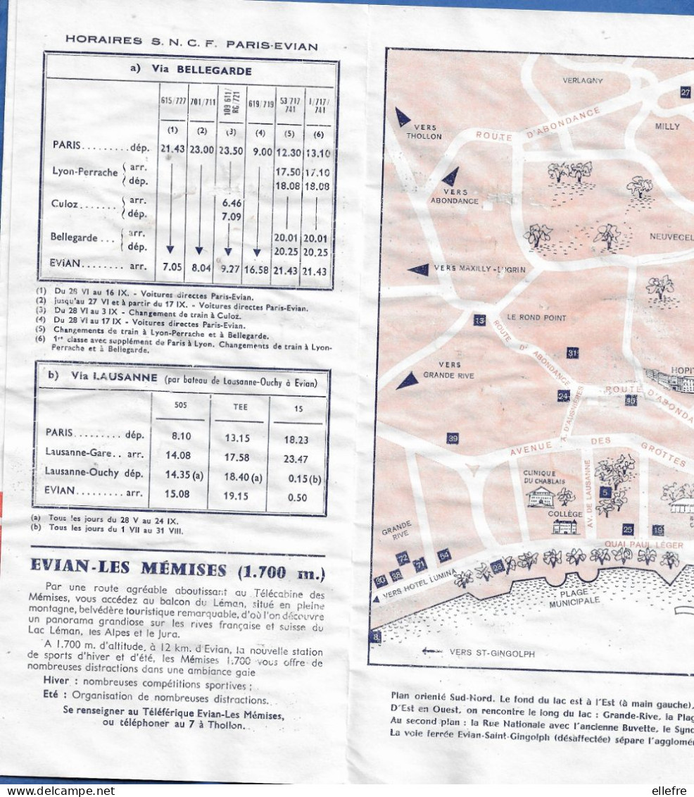 Chemin De Fer  -  Horaires SNCF Paris Evian Via Bellegarde Ou Lausanne Sur Dépliant Touristique Général Evian Les Bains - Europe