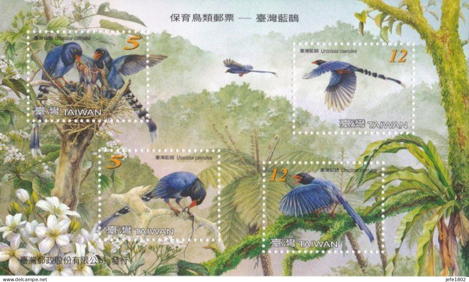 Urocissa Caerulea - Blauwe Ekster - Blue Magpie - Unused Stamps