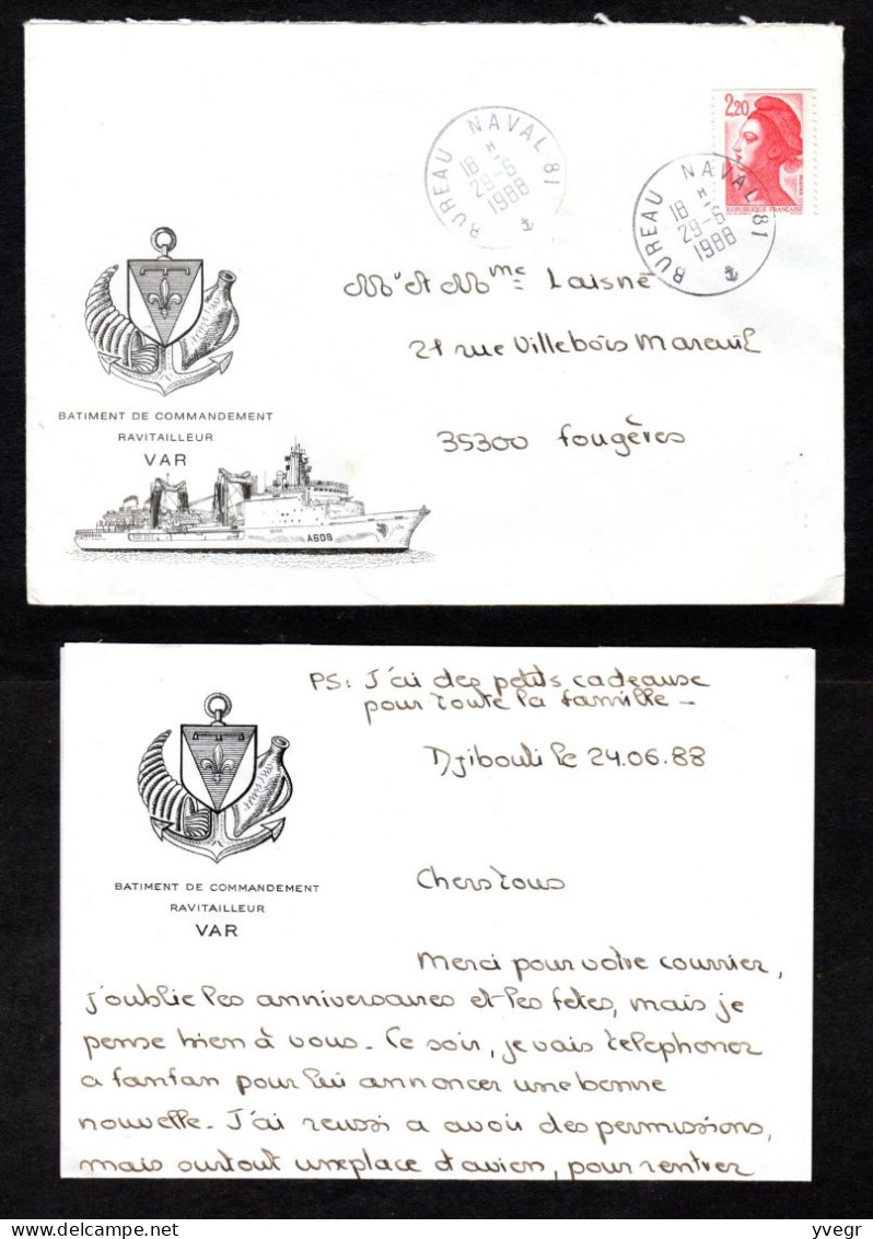 Lettre Et Enveloppe Du BATIMENT De COMMANDEMENT RAVITAILLEUR - VAR - A608 à DJIBOUTI + Discours De NEPTUNE - Bateaux