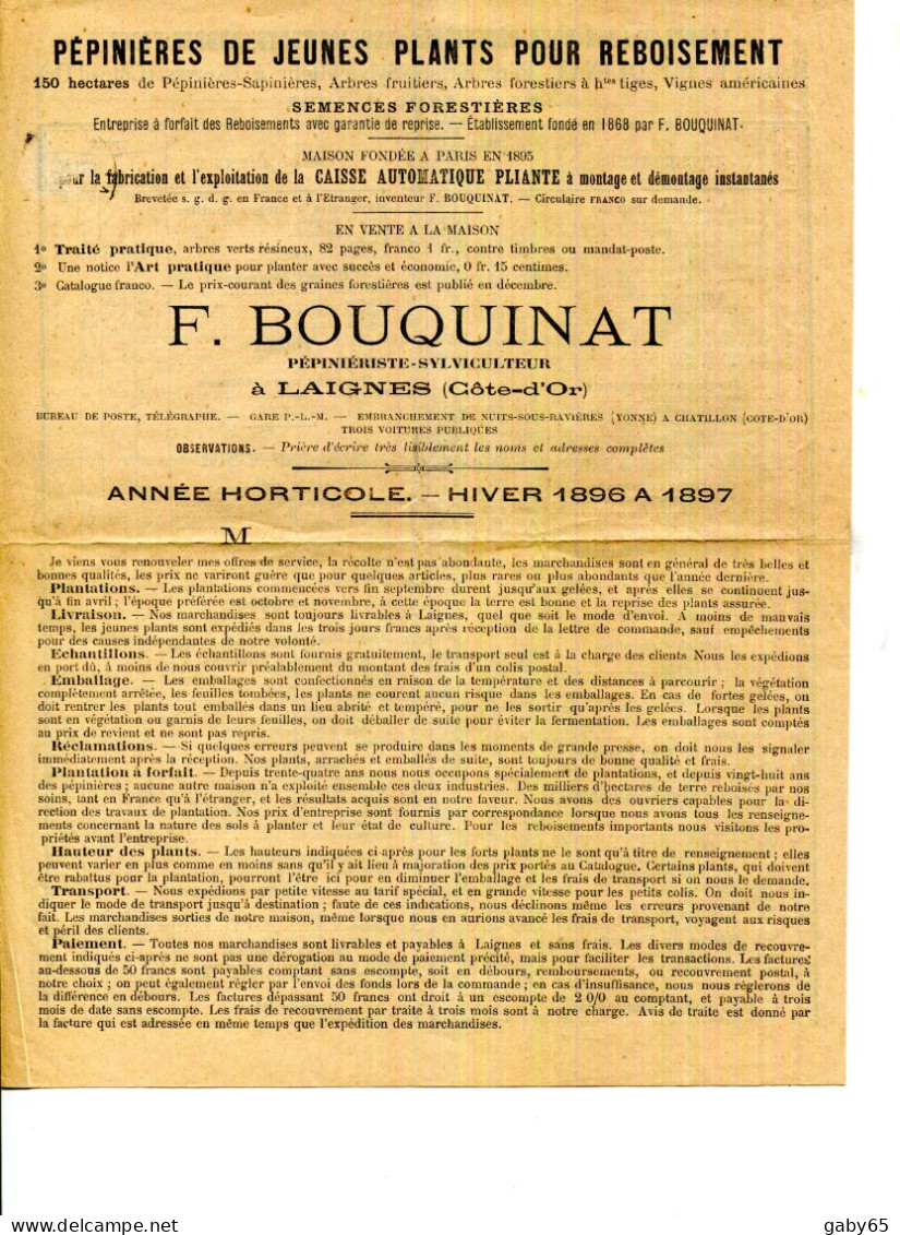FACTURE.21.COTE D'OR.LAIGNES.PEPINIERES DE JEUNES PLANTS POUR REBOISEMENT.F.BOUQUINAT PEPINERISTE-SYLVICUTEUR.TARIF 1896 - Agricoltura