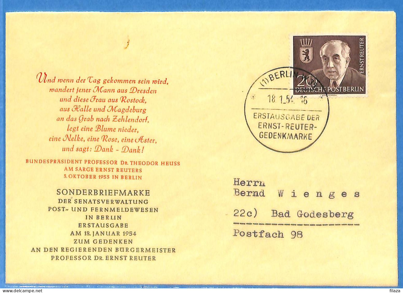 Berlin West - Lettre - FDC  - L02949 1954 - Autres & Non Classés