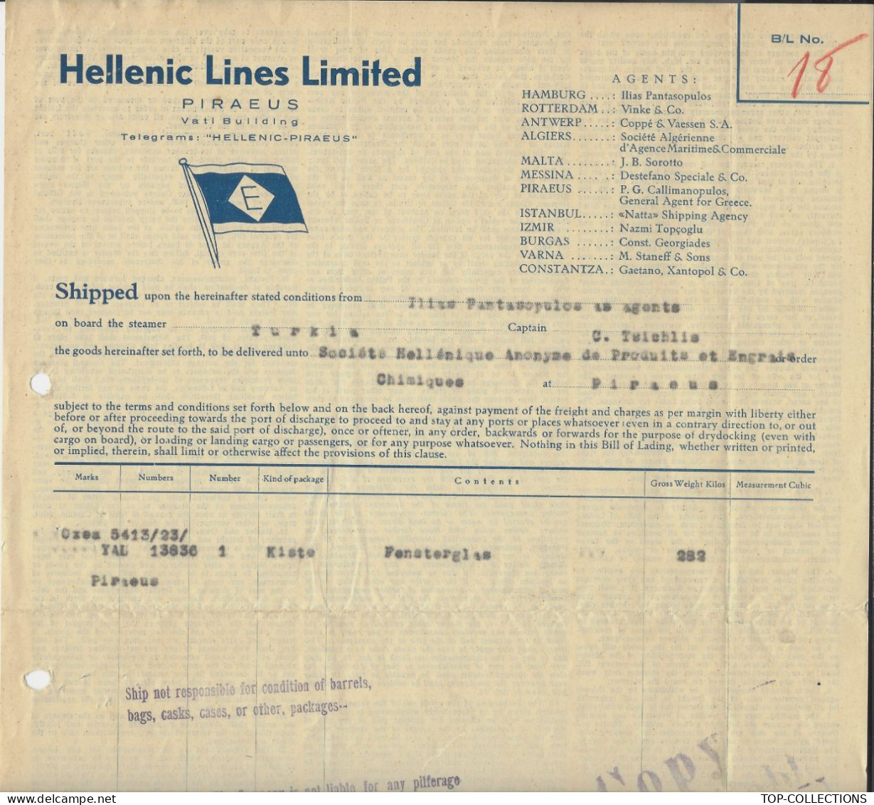 1936  NAVIGATION BILL OF LADING CONNAISSEMENT Hellenic Lines Ltd Piraeus Grèce Hambourg Pour Piraeus Steamer Turkia - 1900 – 1949