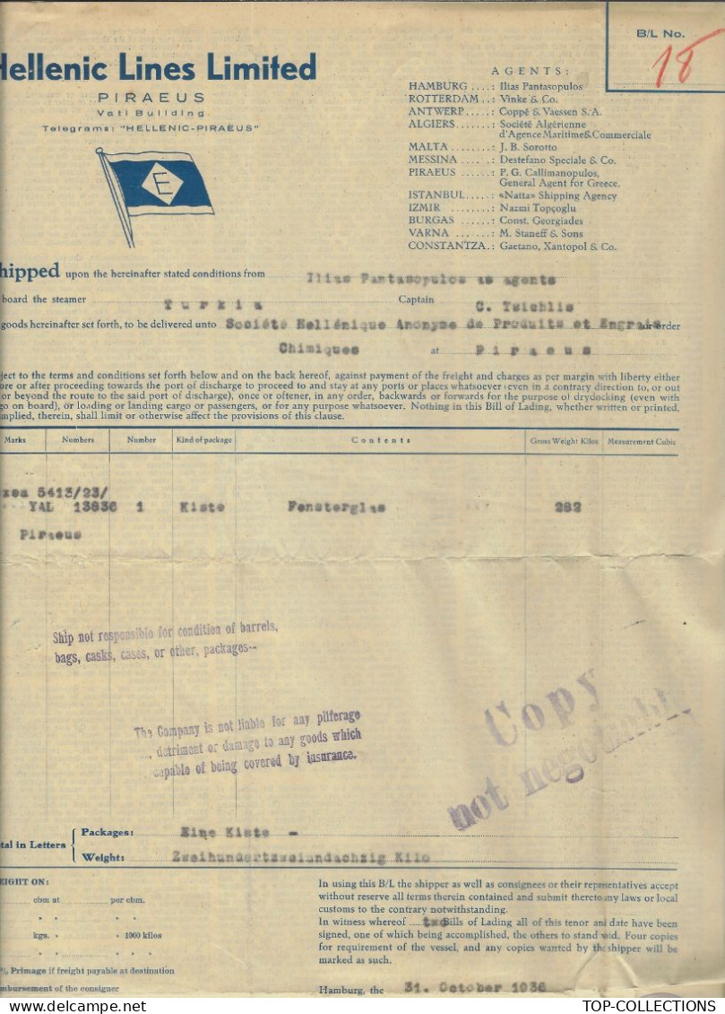 1936  NAVIGATION BILL OF LADING CONNAISSEMENT Hellenic Lines Ltd Piraeus Grèce Hambourg Pour Piraeus Steamer Turkia - 1900 – 1949
