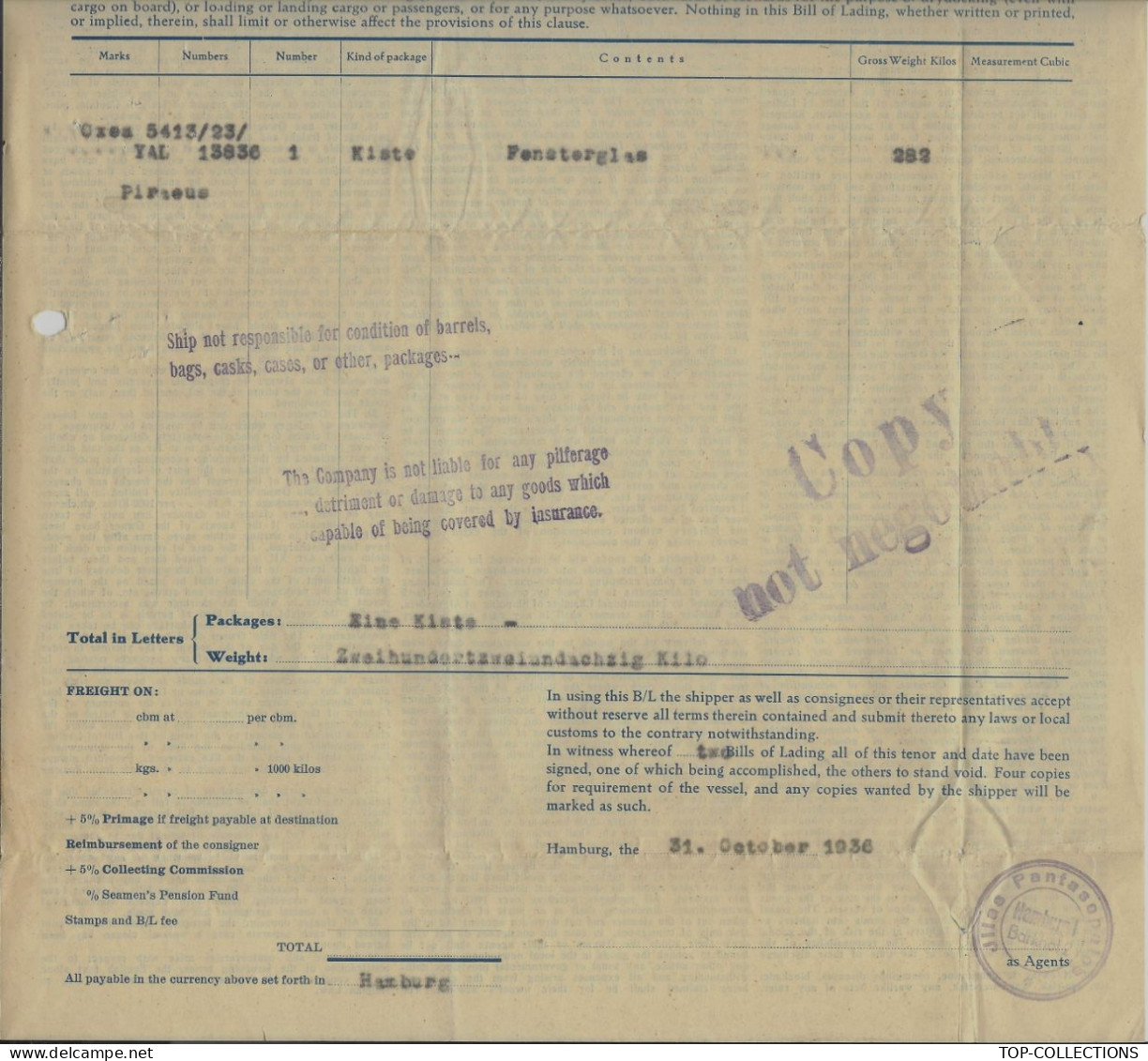 1936  NAVIGATION BILL OF LADING CONNAISSEMENT Hellenic Lines Ltd Piraeus Grèce Hambourg Pour Piraeus Steamer Turkia - 1900 – 1949