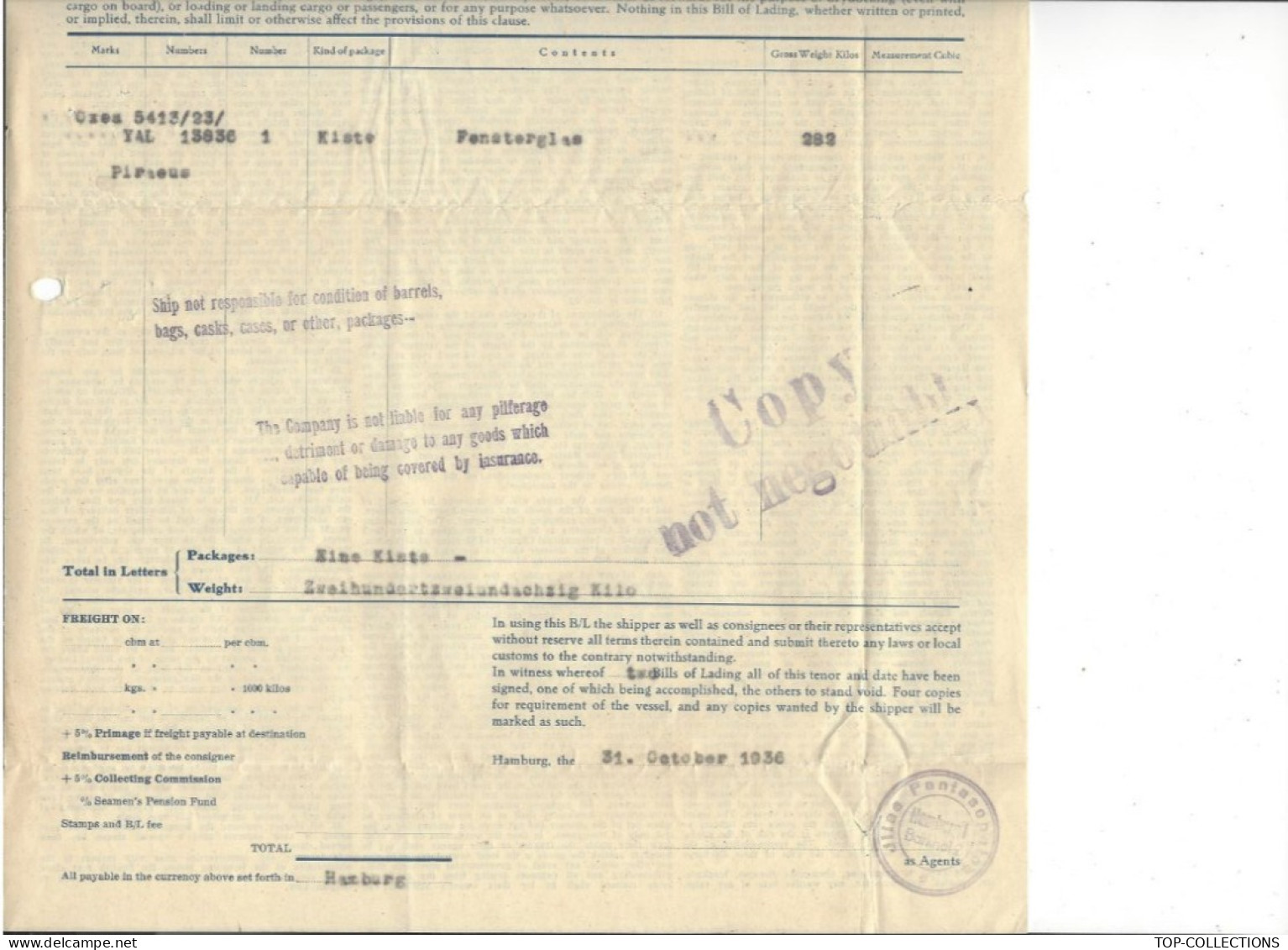 1936  NAVIGATION BILL OF LADING CONNAISSEMENT Hellenic Lines Ltd Piraeus Grèce Hambourg pour Piraeus Steamer Turkia