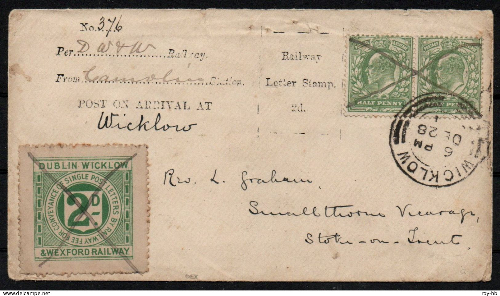 Dublin, Wicklow & Wexford, 1905 3rd Printing 2d Perf. 11 On Rev. Graham Cover To Stoke-on-Trent.  Read On .... - Chemins De Fer & Colis Postaux