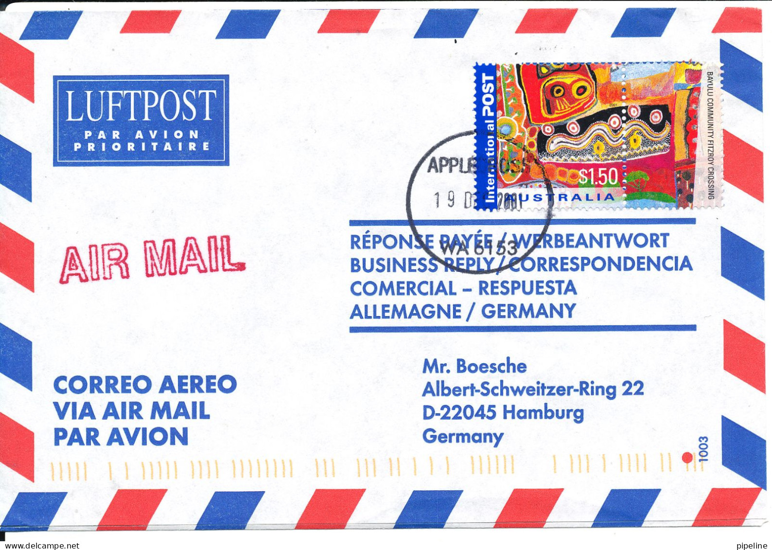 Australia Air Mail Cover Sent To Germany Apple Foss 19-12-2001 Single Franked - Lettres & Documents