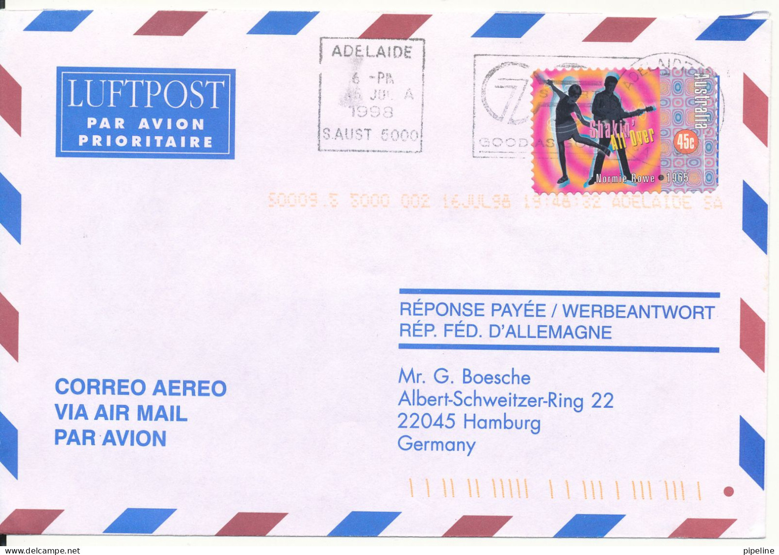 Australia Air Mail Cover Sent To Germany Adelaide 16-7-1998 Single Franked - Briefe U. Dokumente