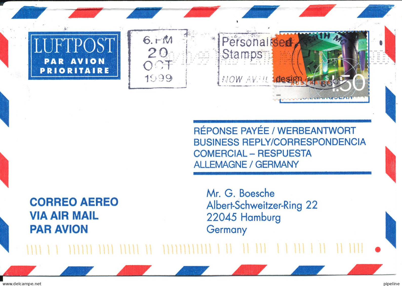 Australia Air Mail Cover Sent To Germany 20-10-1999 Single Franked - Cartas & Documentos