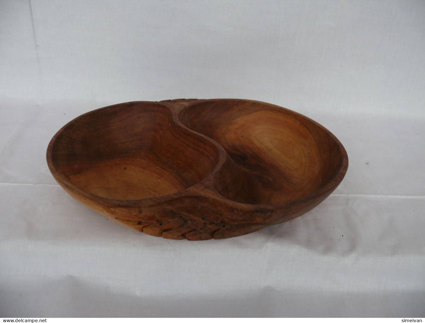 Vintage Carved Wooden Bowl With Two Slots #1625 - Assiettes