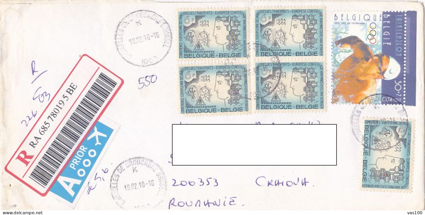 TRANSPORTS MINISTRIES CONFERENCE, SWIMMING, MUSIC, CHILDREN, STAMPS ON REGISTERED COVER, 2010, BELGIUM - Lettres & Documents