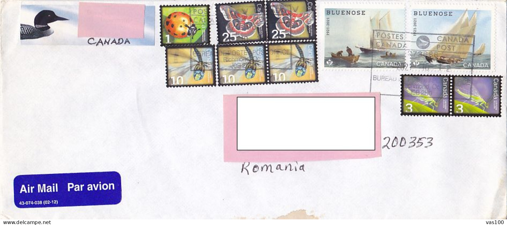 INSECTS, DRAGONFLY, BUTTERFLY, LADYBUG, LACEWING, SHIPS, STAMP ON COVER, 2021, CANADA - Briefe U. Dokumente