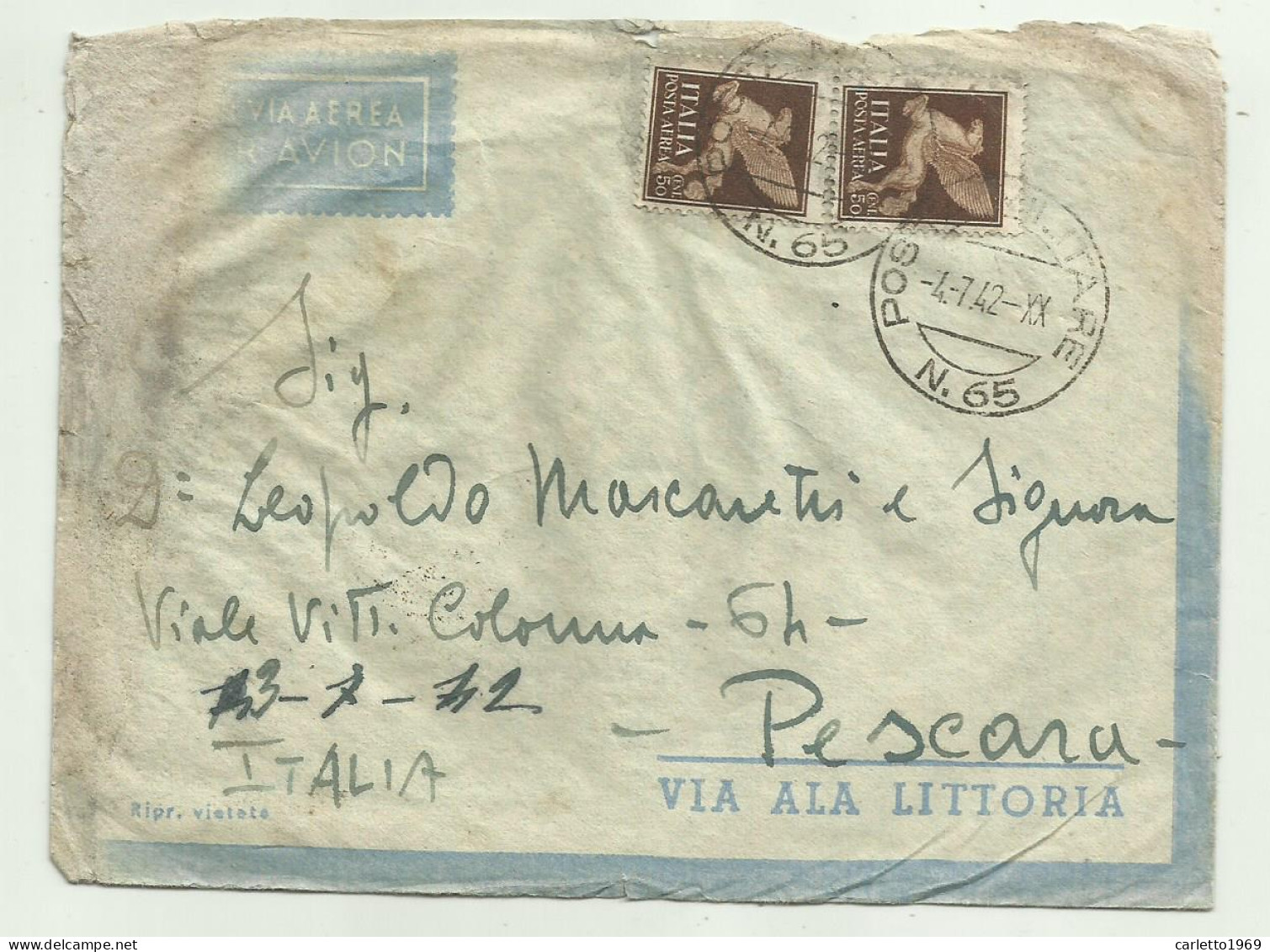 FRANCOBOLLI  CENT. 50  SU BUSTA,  POSTA MILITARE N. 65  , VIA AEREA  - Poststempel