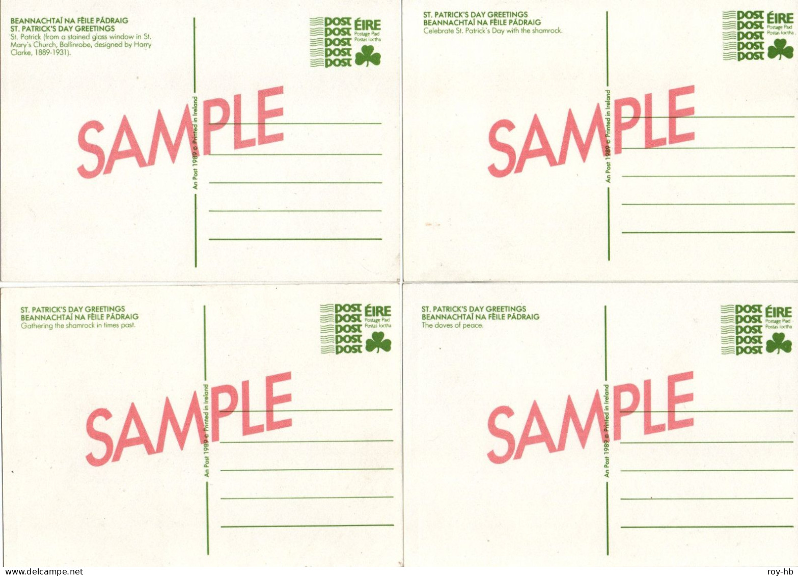 1989 St. Patrick's Day Posrcards, 4 Diff. With "SAMPLE" Overprint In Pink On The Reverse. FAI P80, 82-84. - Postwaardestukken