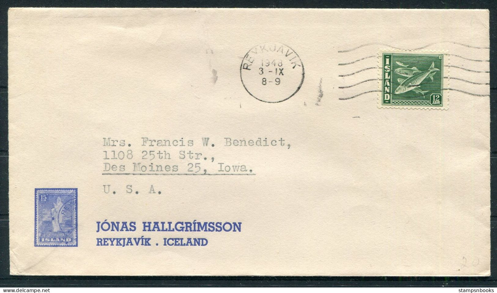 1948 Iceland 12 Aur Fish Jonas Hallgrimsson, Stamp Dealer (Geysir) Illustrated Advertising Cover - Des Moines, Iowa USA - Covers & Documents