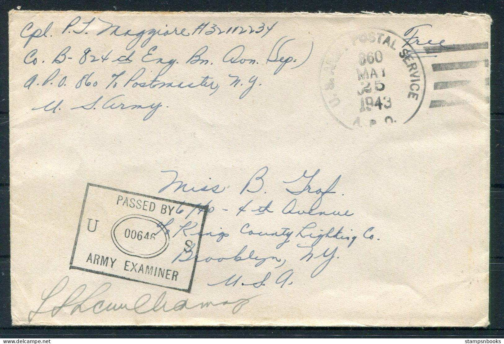 1943 Iceland US Army Postal Service A.P.O. 860 Censor Cover - New York, USA - Briefe U. Dokumente