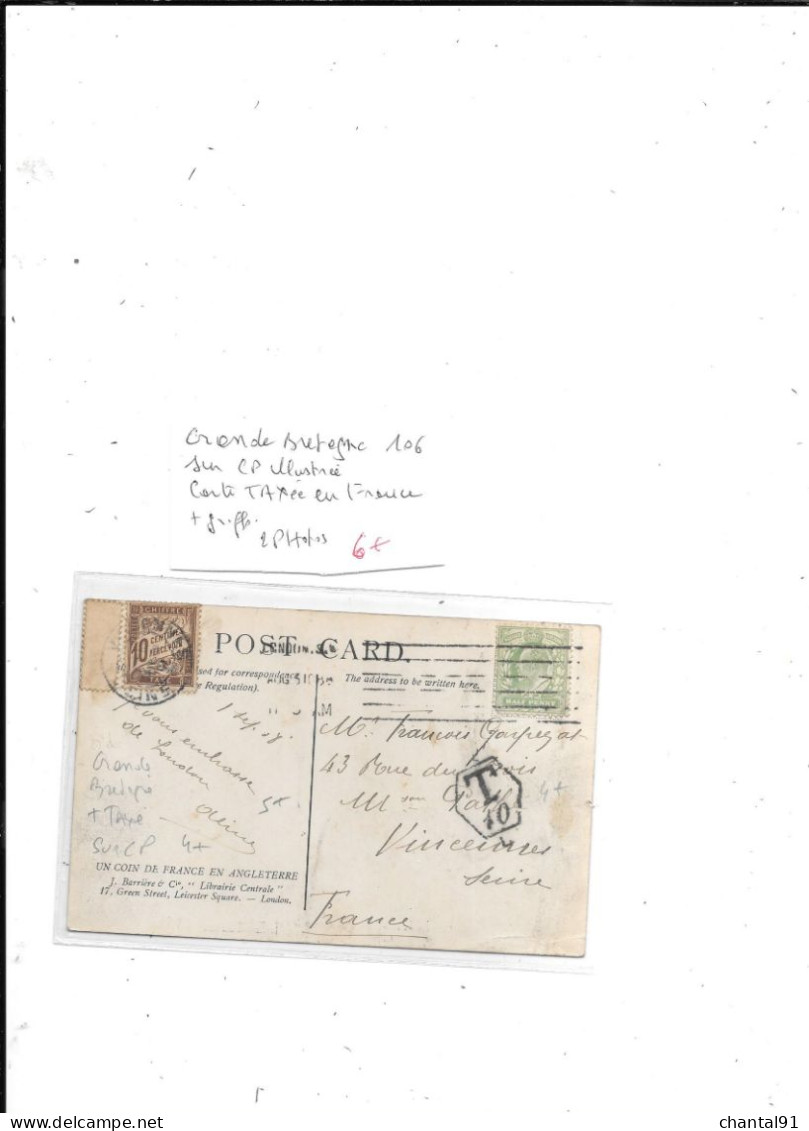 GRANDE BRETAGNE N° 106 OBL SUR CP ILLUSTREE CARTE TAXEE EN FRANCE + GRIFFE - Impuestos