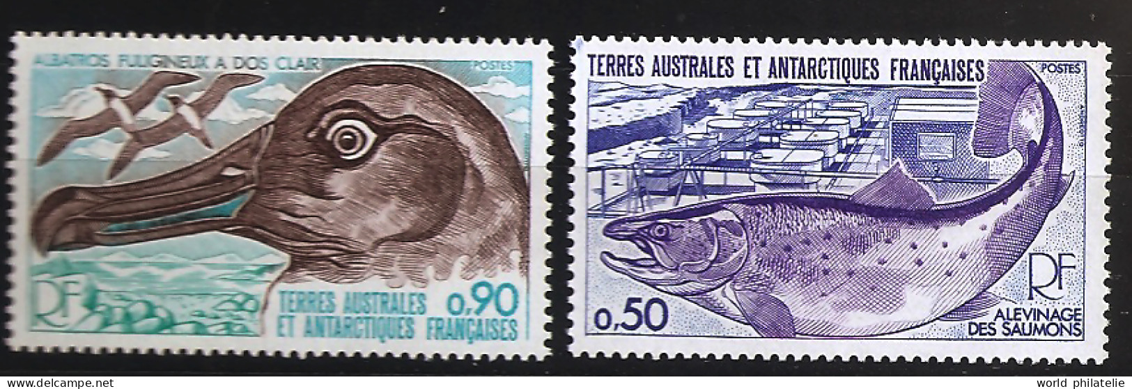 TAAF Terres Australes 1977 N° 71 / 2 ** Poissons, Oiseau, Alevinage, Saumons, Pêche, Pisciculture, Albatros Fuligineux - Neufs