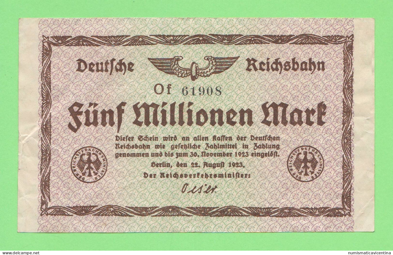 Germany Fünf 5 Million Marck 1923 Deuthe Reichsbahn Emittente Ferrovie Del Reich Tedesco Banknote - Unclassified