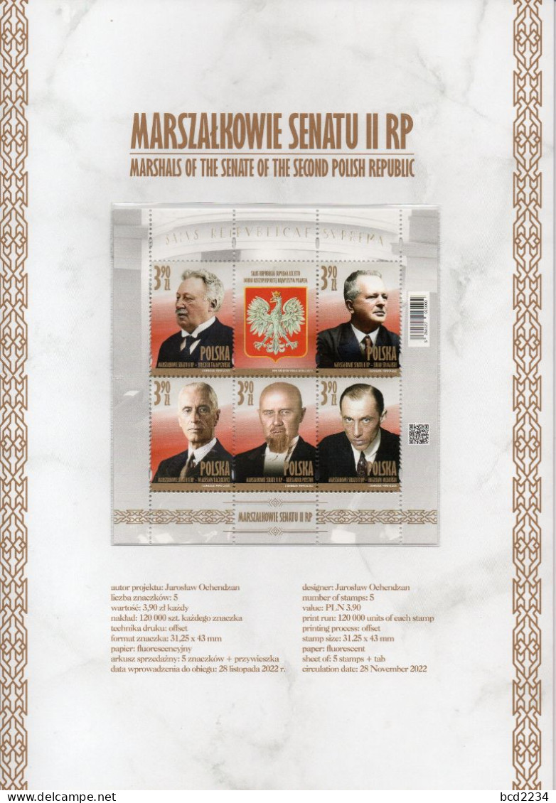 POLAND 2022 POST LIMITED EDITION PHILATELIC FOLDER: MARSHALS OF THE SENATE SECOND 2ND POLISH REPUBLIC PARLIAMENT MS S/S - Lettres & Documents