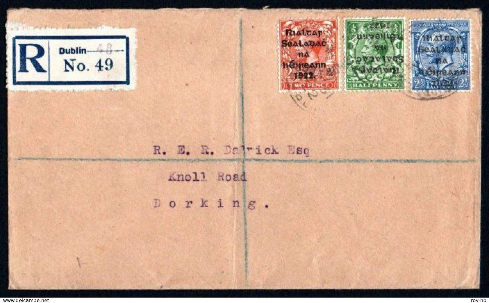 1922 ½d With Inverted Overprint + 2½d & Thom Black 2d Die I, Paying The Correct 5d Rate On A Reg. Letter To Dorking - Brieven En Documenten