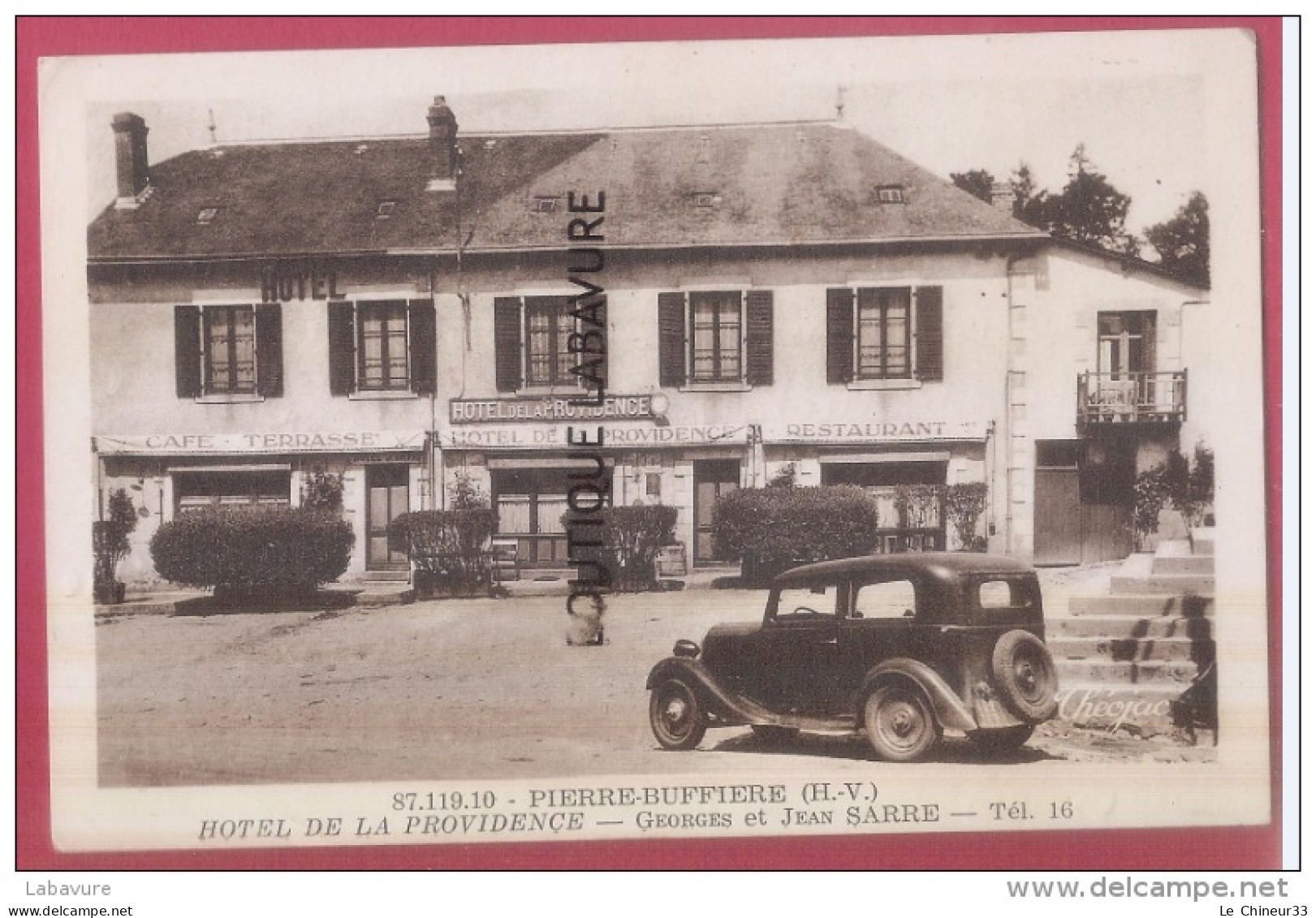 87 - PIERRE-BUFFIERE--Hotel De La Providence--Georges Et Jean SARRE--tel 16--auto---cpsm Pf - Pierre Buffiere