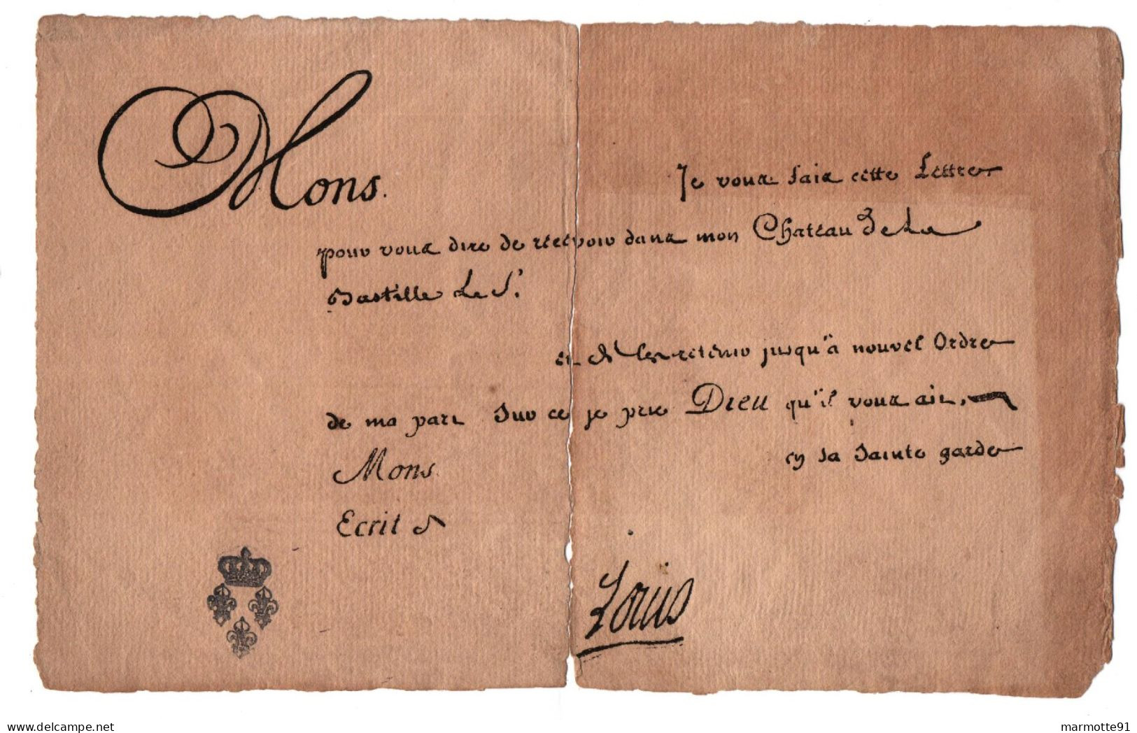 LETTRE DE CACHET SIGNEE LOUIS XIV  CHATEAU DE LA BASTILLE PRISON - Documents Historiques