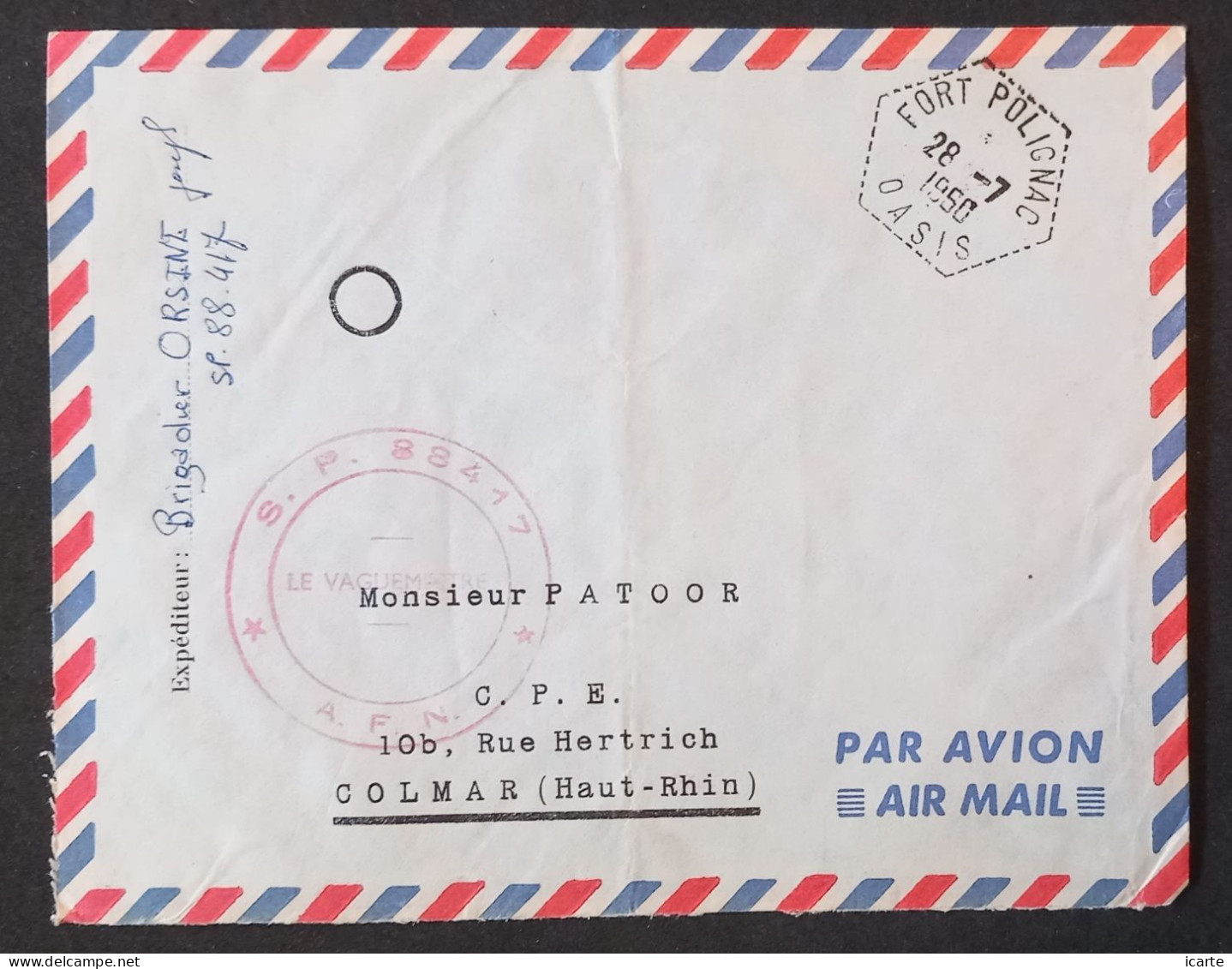 Enveloppe Franchise Militaire Oblitération Hexagone Tireté FORT POLIGNAC OASIS Du 28 7 1950 > Colmar - Guerre D'Algérie