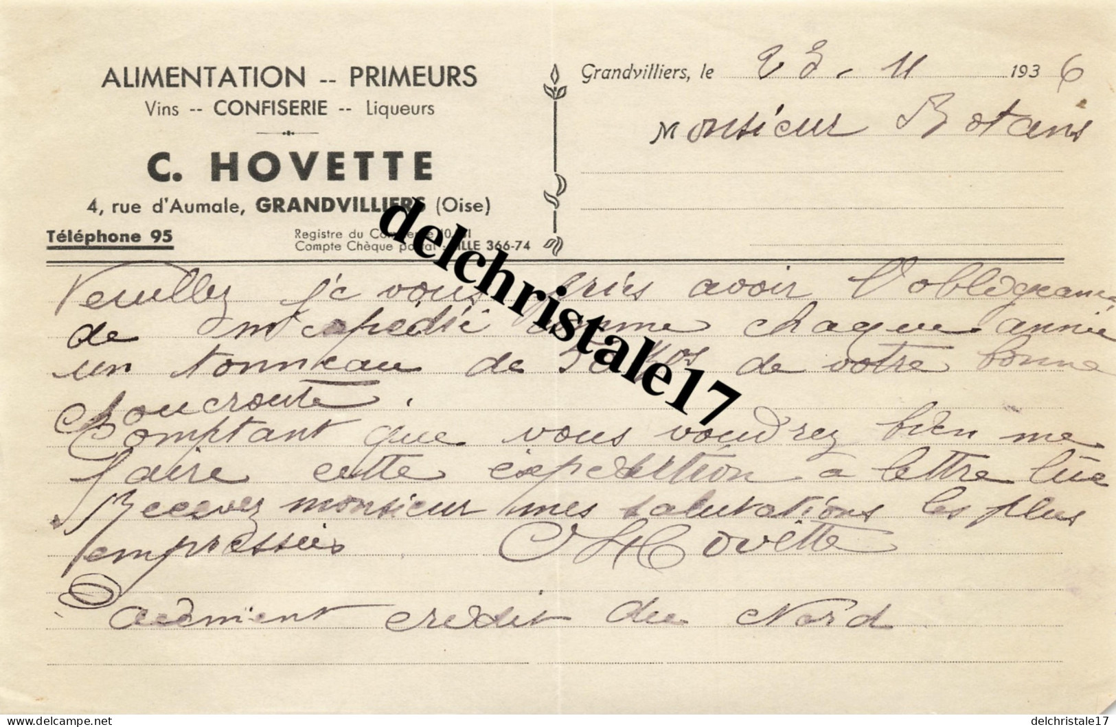 60 0008 GRANDVILLIERS OISE 1933 Alimentation Primeurs Vins Confiserie Liqueurs C. HOVETTE Rue D'Aumale à M. BOTANS - Henderson