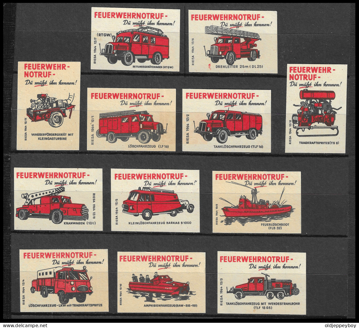 1950  GERMANY VINTAGE MATCHBOX LABEL FIRE TRUCKS FIRE ENGINES BRANDWEER COMPLETE SET OF 12 RARE  5  X 3.5  Cm - Boites D'allumettes - Etiquettes