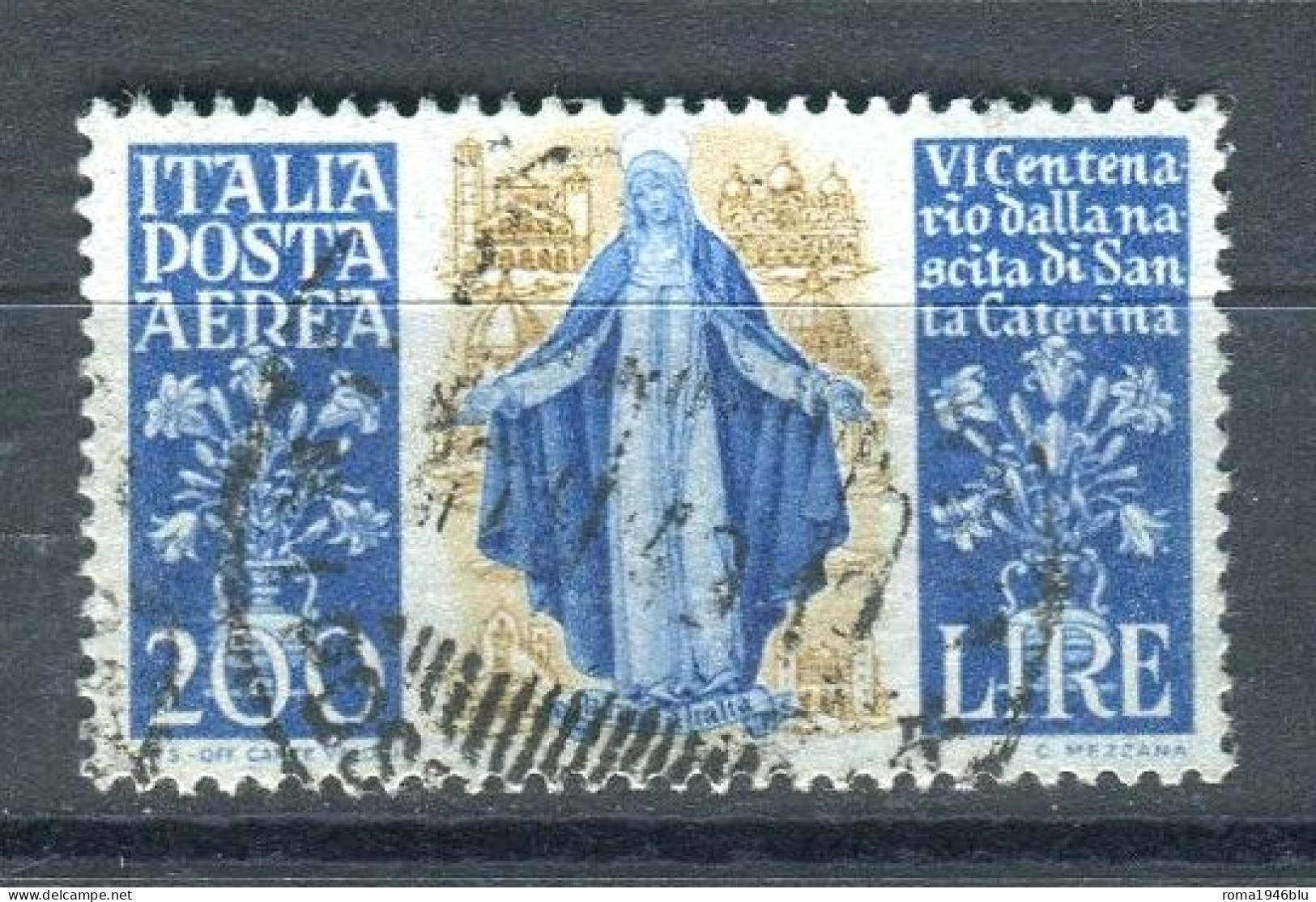 REPUBBLICA 1948 S. CATERINA DA SIENA POSTA AEREA 200 LIRE USATO - 1946-60: Oblitérés