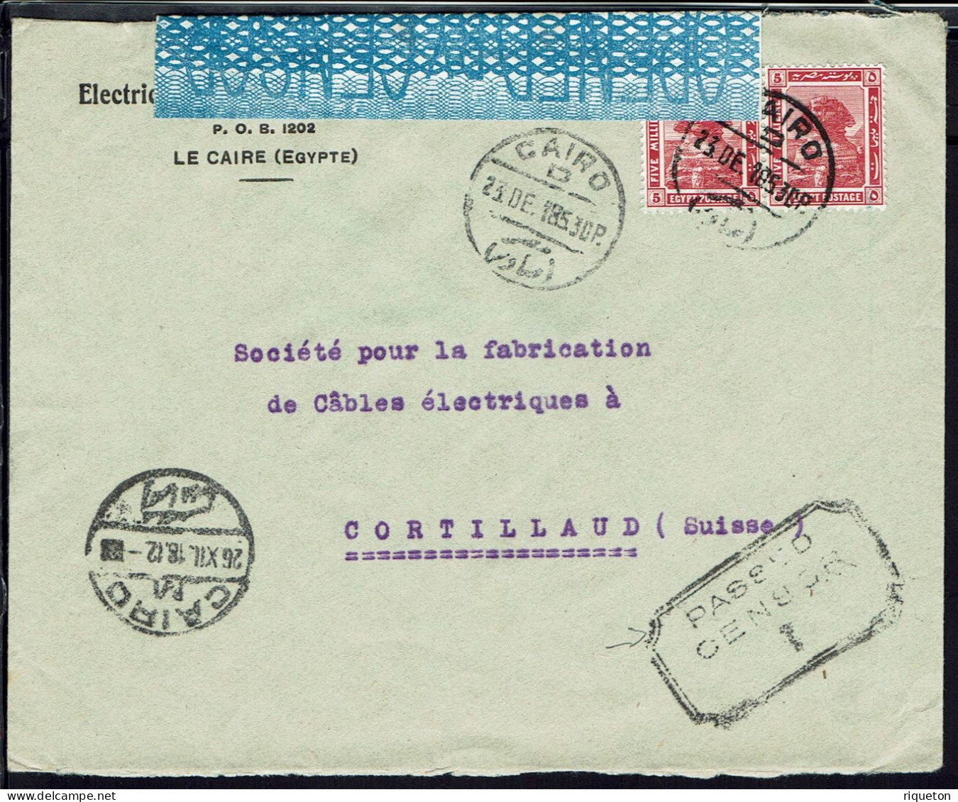 Egypte. "Electric Light & Power Le Caire" Enveloppe Du 23 Décembre 1918 Pour Cortillaud (Suisse) Contrôle Censure B/TB. - 1915-1921 Protectorado Británico