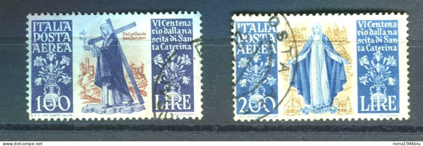 REPUBBLICA 1948 S. CATERINA DA SIENA POSTA AEREA 2 VALORI USATI - 1946-60: Oblitérés