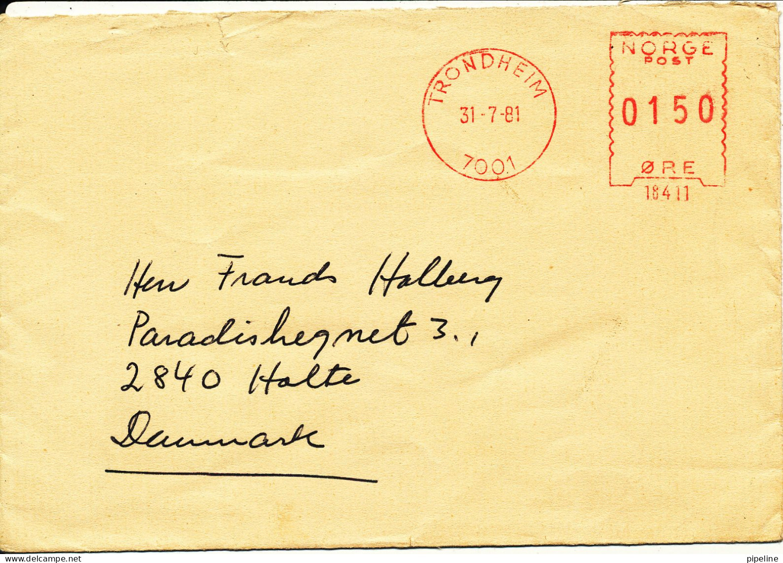 Norway Cover With Meter Cancel Sent To Denmark Trondheim 31-7-1981 - Briefe U. Dokumente