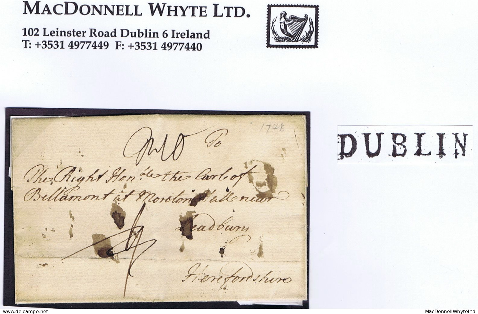 Ireland Dublin 1748 Lettersheet To Leadbury With The Medium 27mm DUBLIN In Black, Rerated To "1n10" - Prephilately