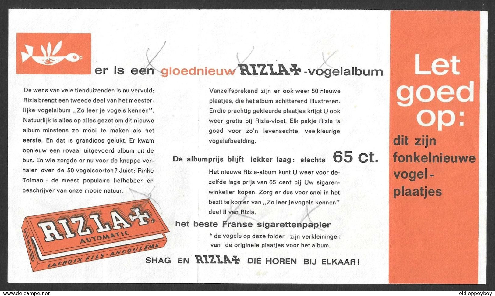 1963 NETHERLANDS Matchbox Label OISEAUX VRAAG RIZZLA MET VOGELPLAATJES BIRDS EAGLES OWL SEAGULL   10 X 17.5 CM RARE - Luciferdozen - Etiketten