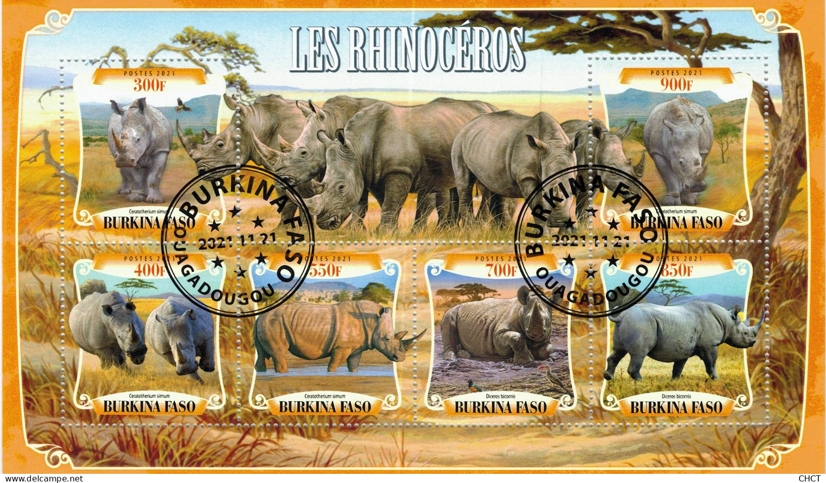 CHCT27 - Rhinos, Fauna, Stamp Mini Sheet, Used CTO, 2021, Burkina Faso - Burkina Faso (1984-...)