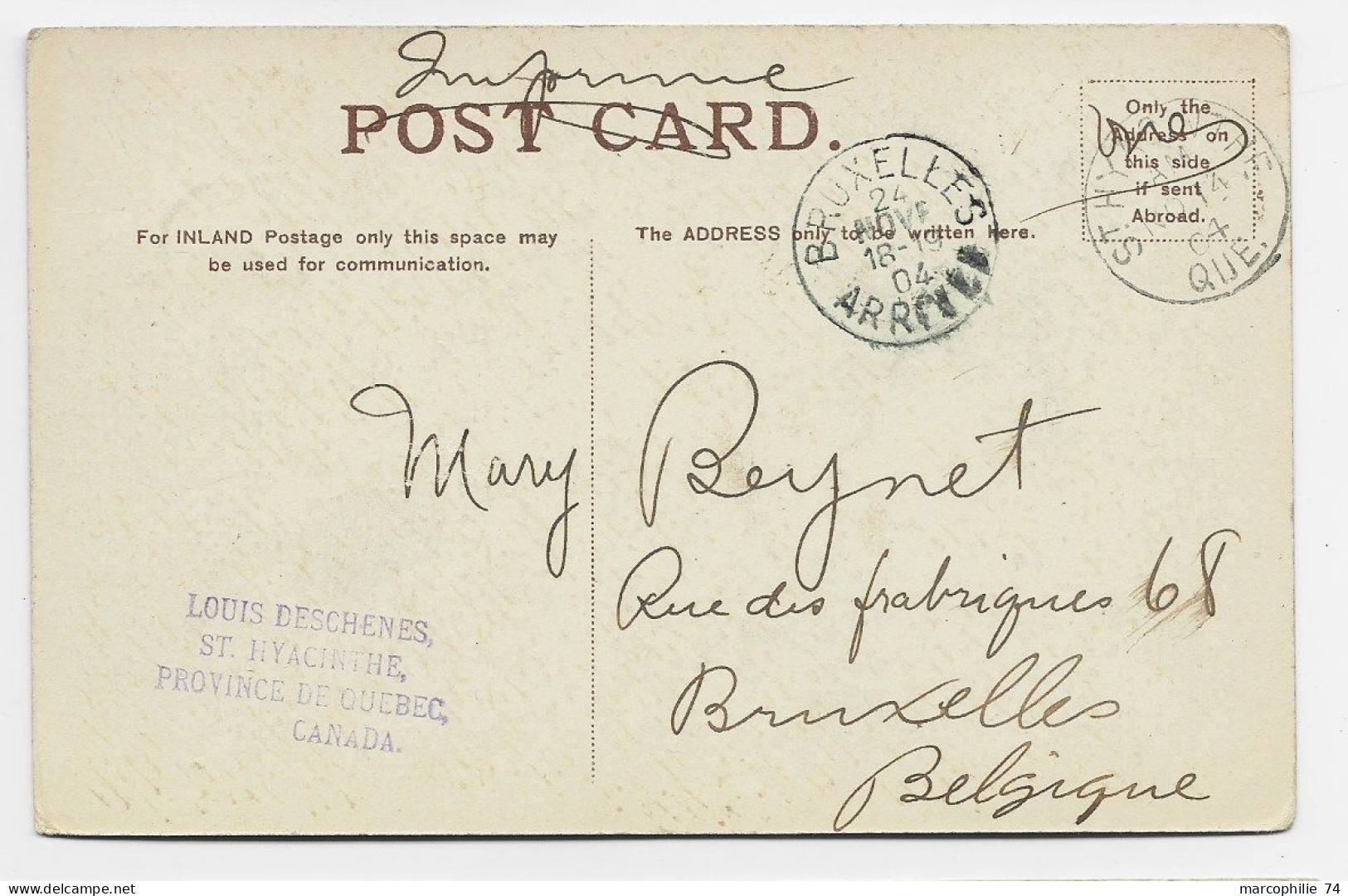 CANADA 1C CARTE CARD OTTAWA ANNULATION ROULETTE BELGE EN ARRIVEE 1904 - Briefe U. Dokumente