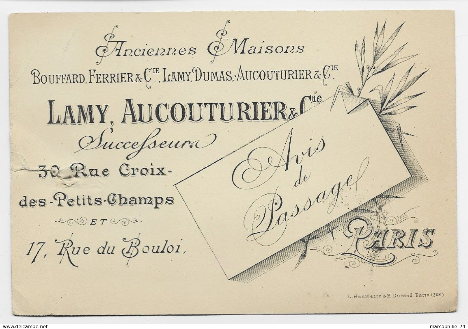 BLANC 1C SEUL PARIS DEPART 30.5.1902 CARTE  AVIS DE PASSGE PUB AVEC BANDE LAMY AUCOUTURIER - 1900-29 Blanc