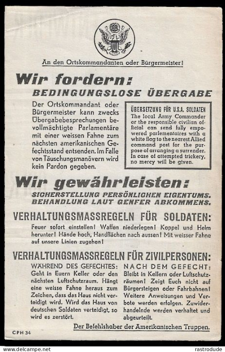 1944-45 U.S PROPAGANDA LEAFLET "ENTWEDER -ODER" EITHER OR. RARE IN THIS CONDITION - Documents